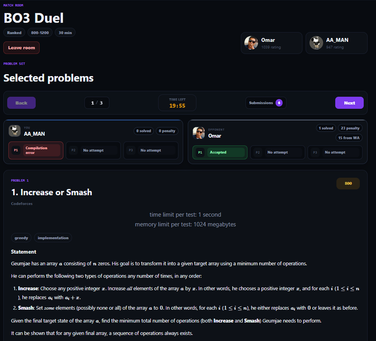 Live 1v1 match room