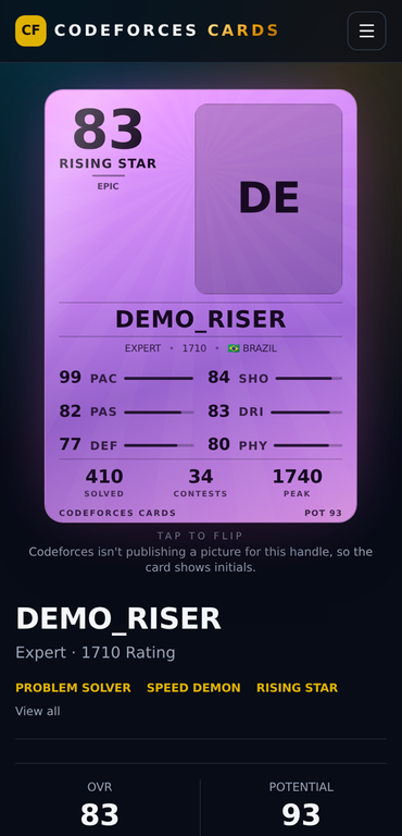A player card on a phone